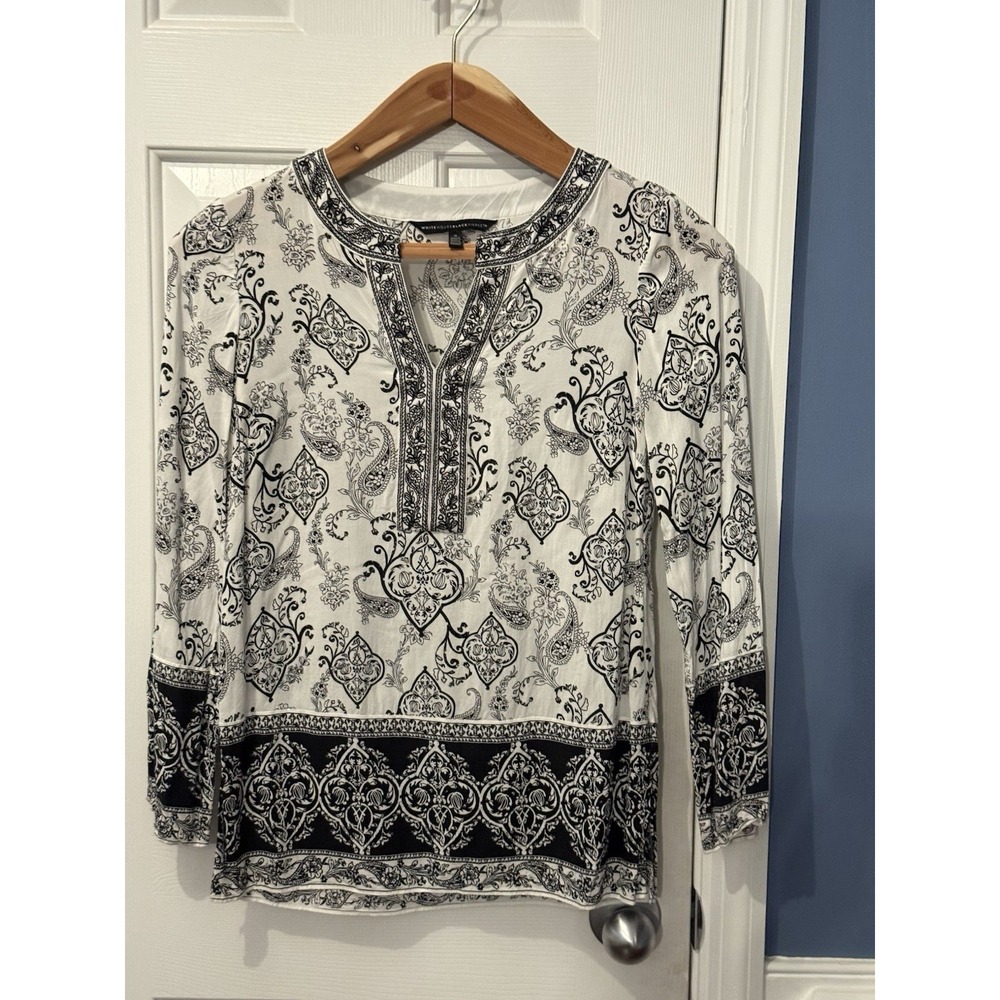 White House Black Market Women's Paisley Embroidered Split Neck Rayon Blouse 0